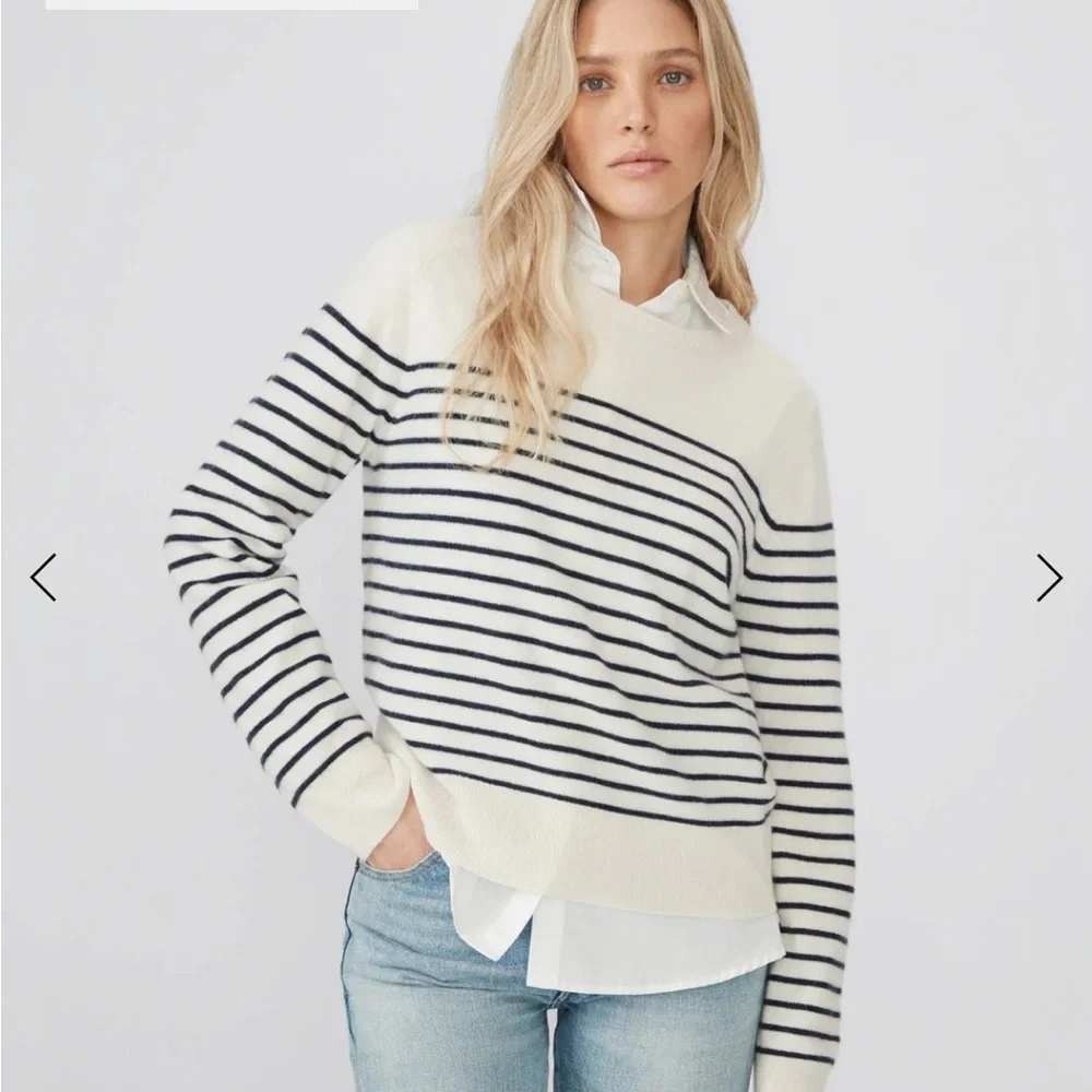 Kule Betty Sweater Size L White Navy Blue Striped 100% Cashmere Crewneck Breton